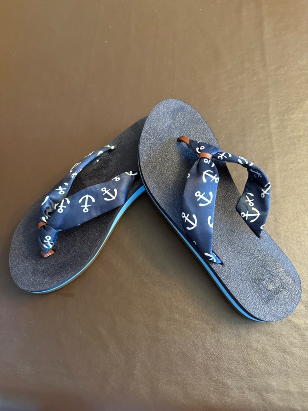 Navy Anchor Print Fabric Strap Flip Flops